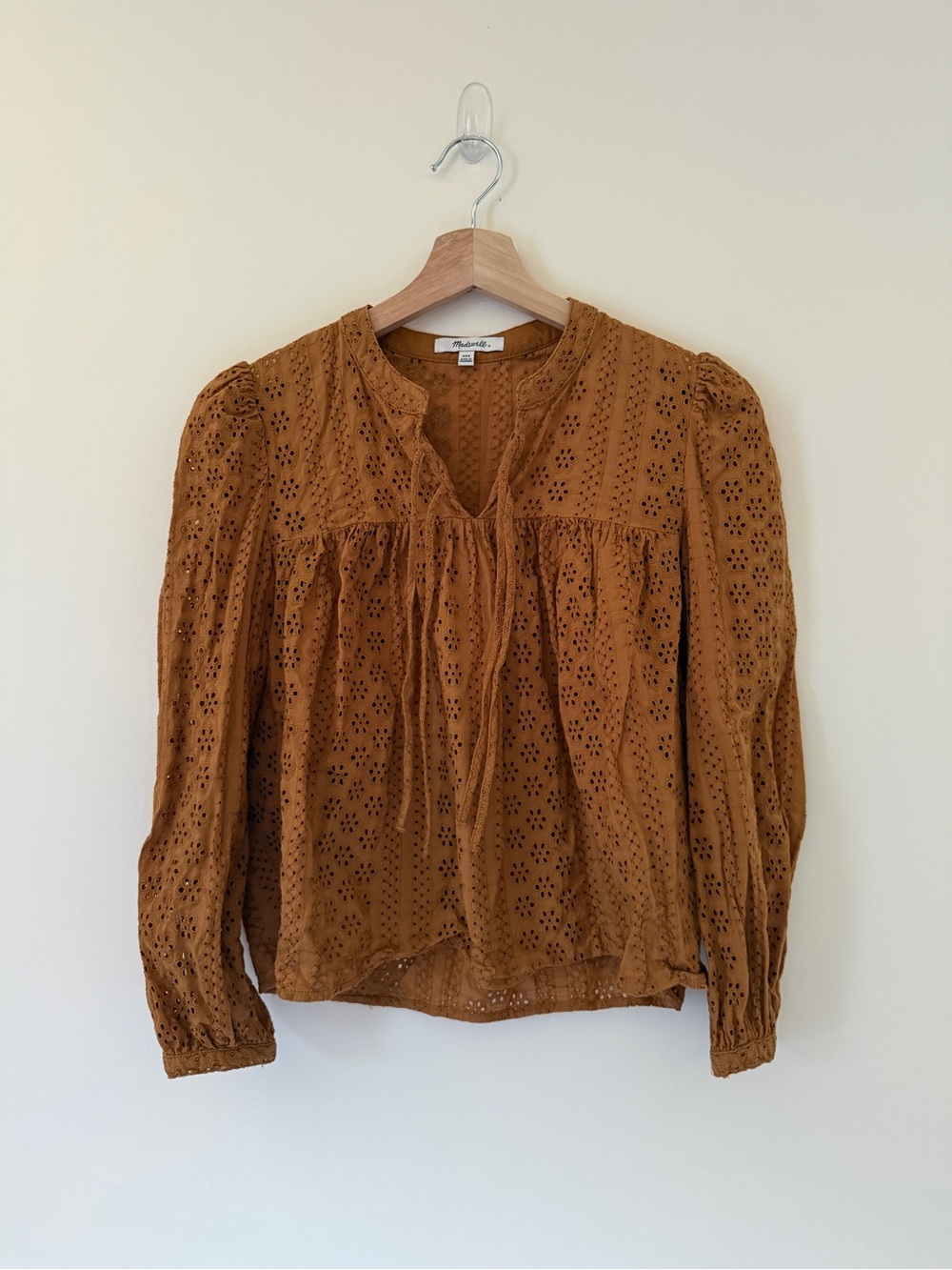 Madewell Caramel Brown Eyelet V-Neck Peasant Blouse